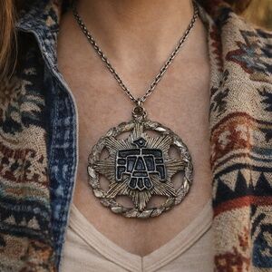 Vintage 1980s–1990s Heavy Silver Thunderbird Pendant Southwestern Revival Boho‎